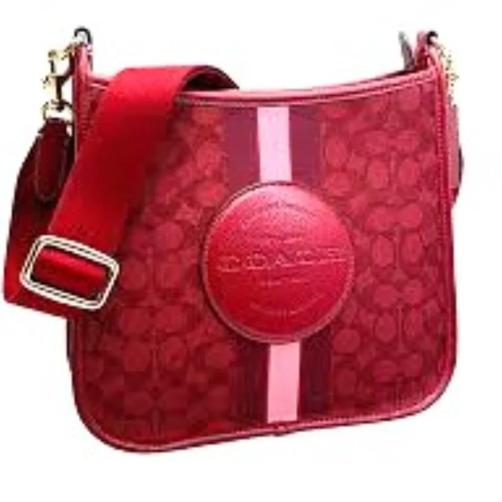 Coach Red Signature Canvas Crossbody Bag with Pink Stripe